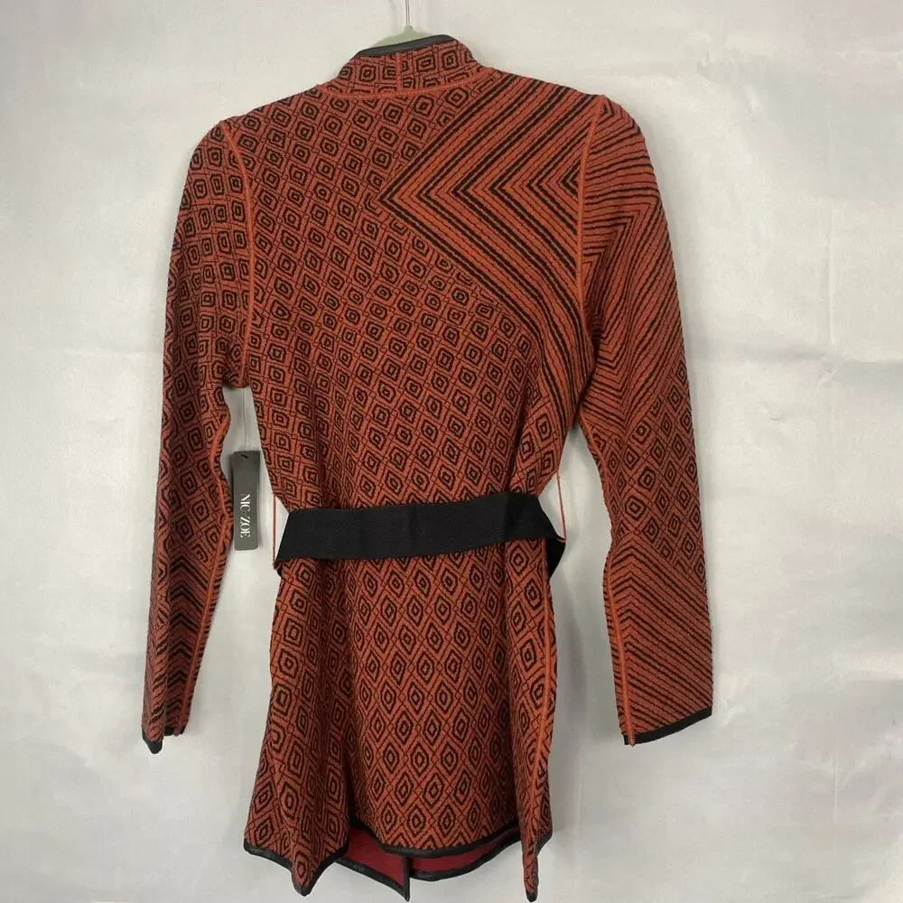 NWT NIC & ZOE Sweater M Cardigan Belted Long Geometric Faux Leather Asymmetric - Picture 8 of 14